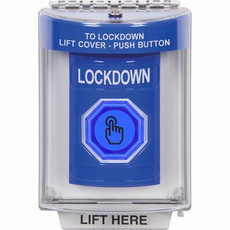 SS2436LD-EN STI Blue Indoor/Outdoor Flush Momentary (Illuminated) with Blue Lens Stopper Station with LOCKDOWN Label English