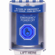 SS2487PO-EN STI Blue Indoor/Outdoor Surface w/ Horn Weather Resistant Momentary (Illuminated) with Blue Lens Stopper Station with EMERGENCY POWER OFF Label English