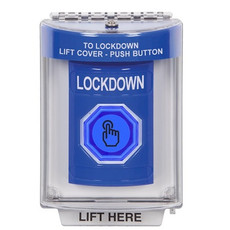 SS2446LD-EN STI Blue Indoor/Outdoor Flush w/ Horn Momentary (Illuminated) with Blue Lens Stopper Station with LOCKDOWN Label English
