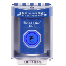 SS2476EX-EN STI Blue Indoor/Outdoor Surface Momentary (Illuminated) with Blue Lens Stopper Station with EMERGENCY EXIT Label English