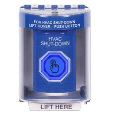 SS2476HV-EN STI Blue Indoor/Outdoor Surface Momentary (Illuminated) with Blue Lens Stopper Station with HVAC SHUT DOWN Label English