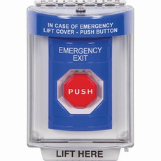 SS2438EX-EN STI Blue Indoor/Outdoor Flush Pneumatic (Illuminated) Stopper Station with EMERGENCY EXIT Label English