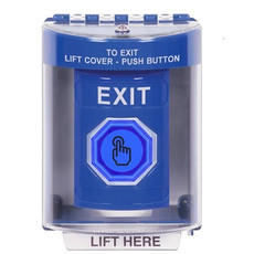 SS2486XT-EN STI Blue Indoor/Outdoor Surface w/ Horn Momentary (Illuminated) with Blue Lens Stopper Station with EXIT Label English