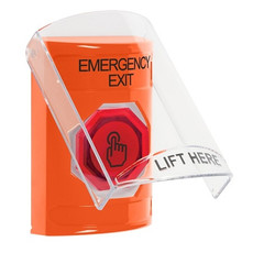 SS25A7EX-EN STI Orange Indoor Only Flush or Surface w/ Horn Weather Resistant Momentary (Illuminated) with Orange Lens Stopper Station with EMERGENCY EXIT Label English