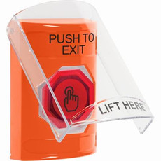 SS2526PX-EN STI Orange Indoor Only Flush or Surface Momentary (Illuminated) with Orange Lens Stopper Station with PUSH TO EXIT Label English