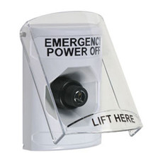 SS2323PO-EN STI White Indoor Only Flush or Surface Key-to-Activate Stopper Station with EMERGENCY POWER OFF Label English