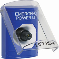 SS2423PO-EN STI Blue Indoor Only Flush or Surface Key-to-Activate Stopper Station with EMERGENCY POWER OFF Label English