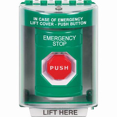 SS2172ES-EN STI Green Indoor/Outdoor Surface Key-to-Reset (Illuminated) Stopper Station with EMERGENCY STOP Label English