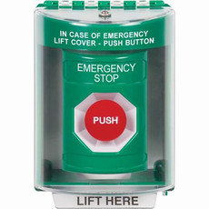 SS2184ES-EN STI Green Indoor/Outdoor Surface w/ Horn Momentary Stopper Station with EMERGENCY STOP Label English