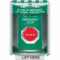 SS2185ES-EN STI Green Indoor/Outdoor Surface w/ Horn Momentary (Illuminated) Stopper Station with EMERGENCY STOP Label English