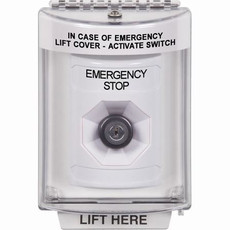 SS2343ES-EN STI White Indoor/Outdoor Flush w/ Horn Key-to-Activate Stopper Station with EMERGENCY STOP Label English