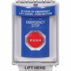 SS2439ES-EN STI Blue Indoor/Outdoor Flush Turn-to-Reset (Illuminated) Stopper Station with EMERGENCY STOP Label English