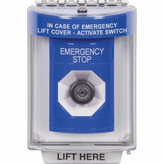 SS2443ES-EN STI Blue Indoor/Outdoor Flush w/ Horn Key-to-Activate Stopper Station with EMERGENCY STOP Label English