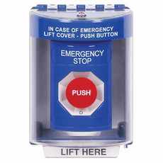SS2471ES-EN STI Blue Indoor/Outdoor Surface Turn-to-Reset Stopper Station with EMERGENCY STOP Label English