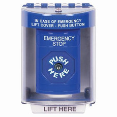 SS2480ES-EN STI Blue Indoor/Outdoor Surface w/ Horn Key-to-Reset Stopper Station with EMERGENCY STOP Label English