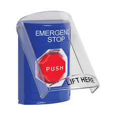 SS2425ES-EN STI Blue Indoor Only Flush or Surface Momentary (Illuminated) Stopper Station with EMERGENCY STOP Label English