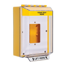 STI-14510CY STI Universal Stopper Low Profile Cover Enclosed Back Box, Open Mounting Plate and Hood - Custom Label - Yellow - Non-Returnable