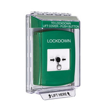 GLR131LD-EN STI Green Indoor/Outdoor Low Profile Flush Mount Key-to-Reset Push Button with LOCKDOWN Label English