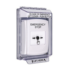 GLR331ES-EN STI White Indoor/Outdoor Low Profile Flush Mount Key-to-Reset Push Button with EMERGENCY STOP Label English