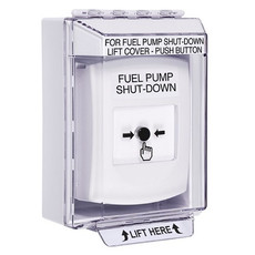 GLR371PS-EN STI White Indoor/Outdoor Low Profile Surface Mount Key-to-Reset Push Button with FUEL PUMP SHUT-DOWN Label English