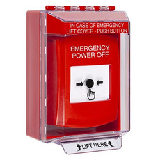 GLR081PO-EN STI Red Indoor/Outdoor Low Profile Surface Mount w/ Sound Key-to-Reset Push Button with EMERGENCY POWER OFF Label English