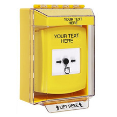 GLR281ZA-EN STI Yellow Indoor/Outdoor Low Profile Surface Mount w/ Sound Key-to-Reset Push Button with Non-Returnable Custom Text Label English