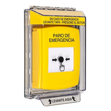 GLR231ES-ES STI Yellow Indoor/Outdoor Low Profile Flush Mount Key-to-Reset Push Button with EMERGENCY STOP Label Spanish