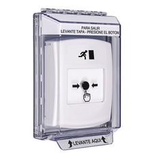 GLR331RM-ES STI White Indoor/Outdoor Low Profile Flush Mount Key-to-Reset Push Button with Running Man Icon Spanish