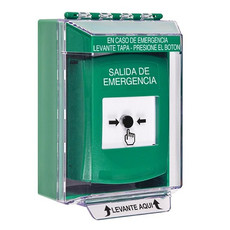 GLR171EX-ES STI Green Indoor/Outdoor Low Profile Surface Mount Key-to-Reset Push Button with EMERGENCY EXIT Label Spanish