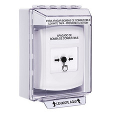 GLR371PS-ES STI White Indoor/Outdoor Low Profile Surface Mount Key-to-Reset Push Button with FUEL PUMP SHUT-DOWN Label Spanish