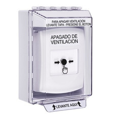 GLR371HV-ES STI White Indoor/Outdoor Low Profile Surface Mount Key-to-Reset Push Button with HVAC SHUT-DOWN Label Spanish