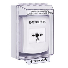 GLR371EM-ES STI White Indoor/Outdoor Low Profile Surface Mount Key-to-Reset Push Button with EMERGENCY Label Spanish