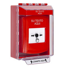 GLR081ZA-ES STI Red Indoor/Outdoor Low Profile Surface Mount w/ Sound Key-to-Reset Push Button with Non-Returnable Custom Text Label Spanish