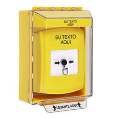 GLR281ZA-ES STI Yellow Indoor/Outdoor Low Profile Surface Mount w/ Sound Key-to-Reset Push Button with Non-Returnable Custom Text Label Spanish