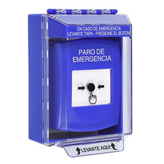 GLR481ES-ES STI Blue Indoor/Outdoor Low Profile Surface Mount w/ Sound Key-to-Reset Push Button with EMERGENCY STOP Label Spanish