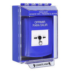 GLR471PX-ES STI Blue Indoor/Outdoor Low Profile Surface Mount Key-to-Reset Push Button with PUSH TO EXIT Label Spanish
