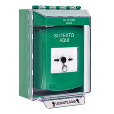 GLR171ZA-ES STI Green Indoor/Outdoor Low Profile Surface Mount Key-to-Reset Push Button with Non-Returnable Custom Text Label Spanish