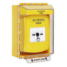 GLR271ZA-ES STI Yellow Indoor/Outdoor Low Profile Surface Mount Key-to-Reset Push Button with Non-Returnable Custom Text Label Spanish
