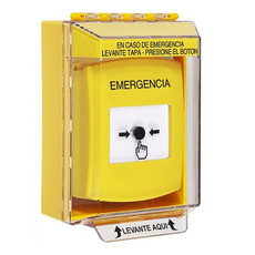 GLR281EM-ES STI Yellow Indoor/Outdoor Low Profile Surface Mount w/ Sound Key-to-Reset Push Button with EMERGENCY Label Spanish