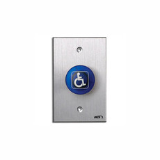 916-BH-MO x 28 Dormakaba RCI Handicap Symbol Momentary Action Tamper-proof Handicap Mushroom Button - Brushed Anodized Aluminum Faceplate - Blue Cap