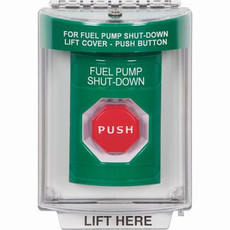 SS2145PS-EN STI Green Indoor/Outdoor Flush w/ Horn Momentary (Illuminated) Stopper Station with FUEL PUMP SHUT DOWN Label English