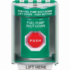 SS2182PS-EN STI Green Indoor/Outdoor Surface w/ Horn Key-to-Reset (Illuminated) Stopper Station with FUEL PUMP SHUT DOWN Label English