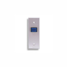 970N-B-MA-A-05-28 Dormakaba RCI Narrow Maintained Action Audible Alert Tamper-proof Illuminated Request-To-Exit Button Brushed Anodized Aluminum Faceplate 12VDC - Blue Cap