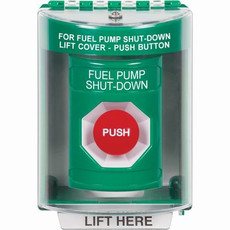 SS2184PS-EN STI Green Indoor/Outdoor Surface w/ Horn Momentary Stopper Station with FUEL PUMP SHUT DOWN Label English