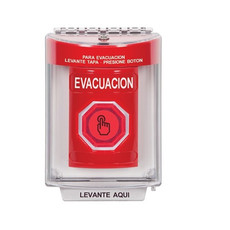 SS2047EV-ES STI Red Indoor/Outdoor Flush w/ Horn Weather Resistant Momentary (Illuminated) with Red Lens Stopper Station with EVACUATION Label Spanish