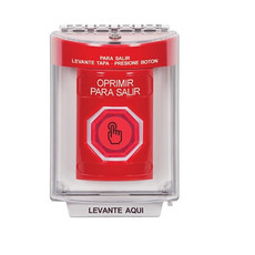 SS2047PX-ES STI Red Indoor/Outdoor Flush w/ Horn Weather Resistant Momentary (Illuminated) with Red Lens Stopper Station with PUSH TO EXIT Label Spanish