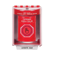 SS2087PX-ES STI Red Indoor/Outdoor Surface w/ Horn Weather Resistant Momentary (Illuminated) with Red Lens Stopper Station with PUSH TO EXIT Label Spanish