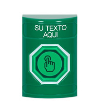 SS2106ZA-ES STI Green No Cover Momentary (Illuminated) with Green Lens Stopper Station with Non-Returnable Custom Text Label Spanish