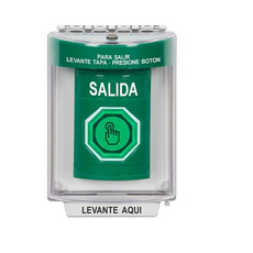 SS2136XT-ES STI Green Indoor/Outdoor Flush Momentary (Illuminated) with Green Lens Stopper Station with EXIT Label Spanish