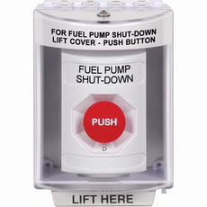SS2381PS-EN STI White Indoor/Outdoor Surface w/ Horn Turn-to-Reset Stopper Station with FUEL PUMP SHUT DOWN Label English